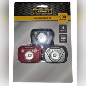 NEW!! DEFIANT 200 Lumens LED Headband Headlights (3-Pack) Batteries Included